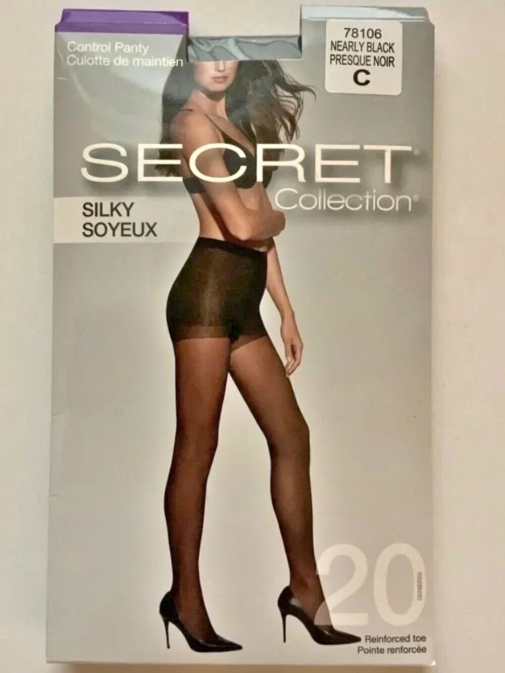 SECRET Silky Control Top Sheer Tights Pantyhose Black Nude Size C D NWT